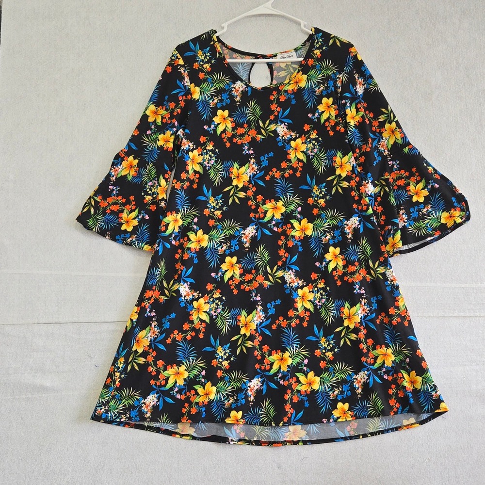 Star Vixen Womens Large Black Floral Tropical Bell Sleeve Keyhole Back Dress